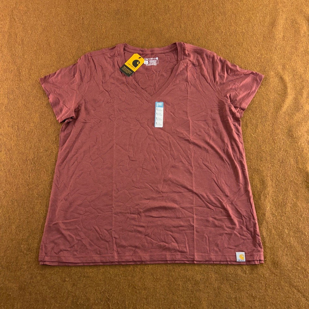 Carhartt Womens Large Maroon Relaxed Fit V-Neck Short Sleeve T-Shirt TK5739 NWT